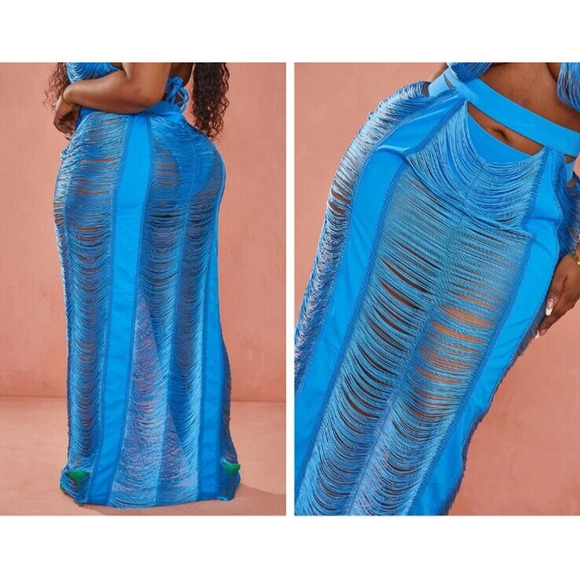 Pretty Little Thing Fringed Maxi Skirt Coverup Bikini Set Plus Size 22 Vacation - Picture 3 of 16